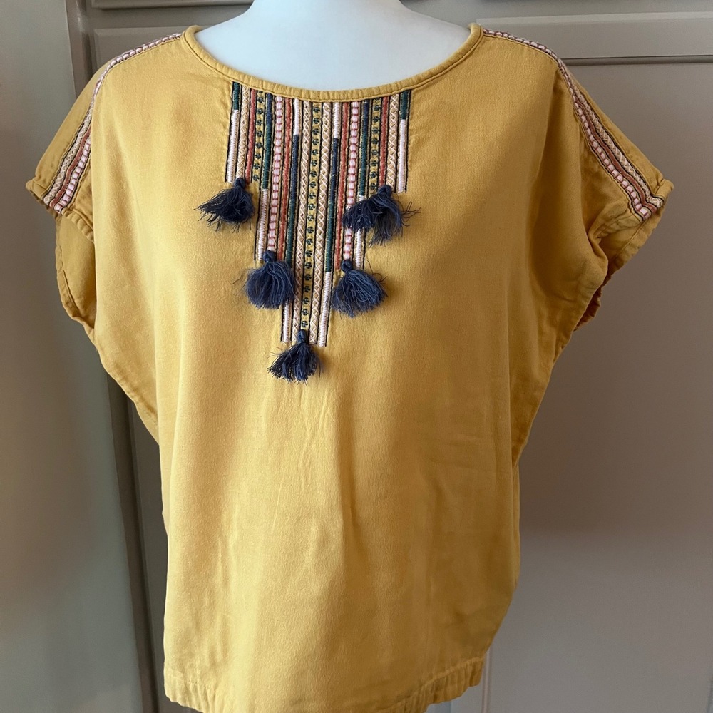 Ariat Yellow Embroidered Tassel Cotton Gauze Blouse Large Boho Western